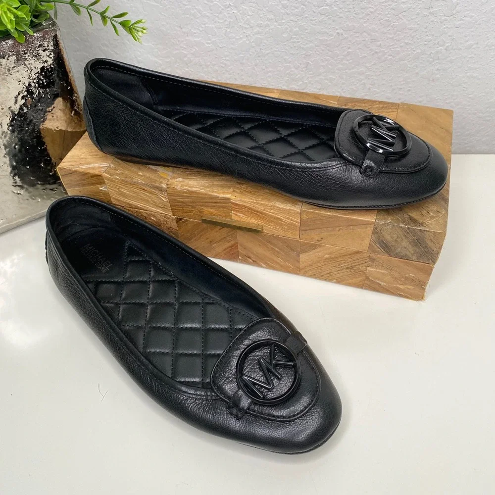 Michael Kors Lillie Black Leather Quilted Ballet Flats with MK Logo Size‎ 7.5